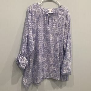 J.Jill Womens Blouse Size XL Blue White Roll Tab Sleeve Purejill Beachy Coastal